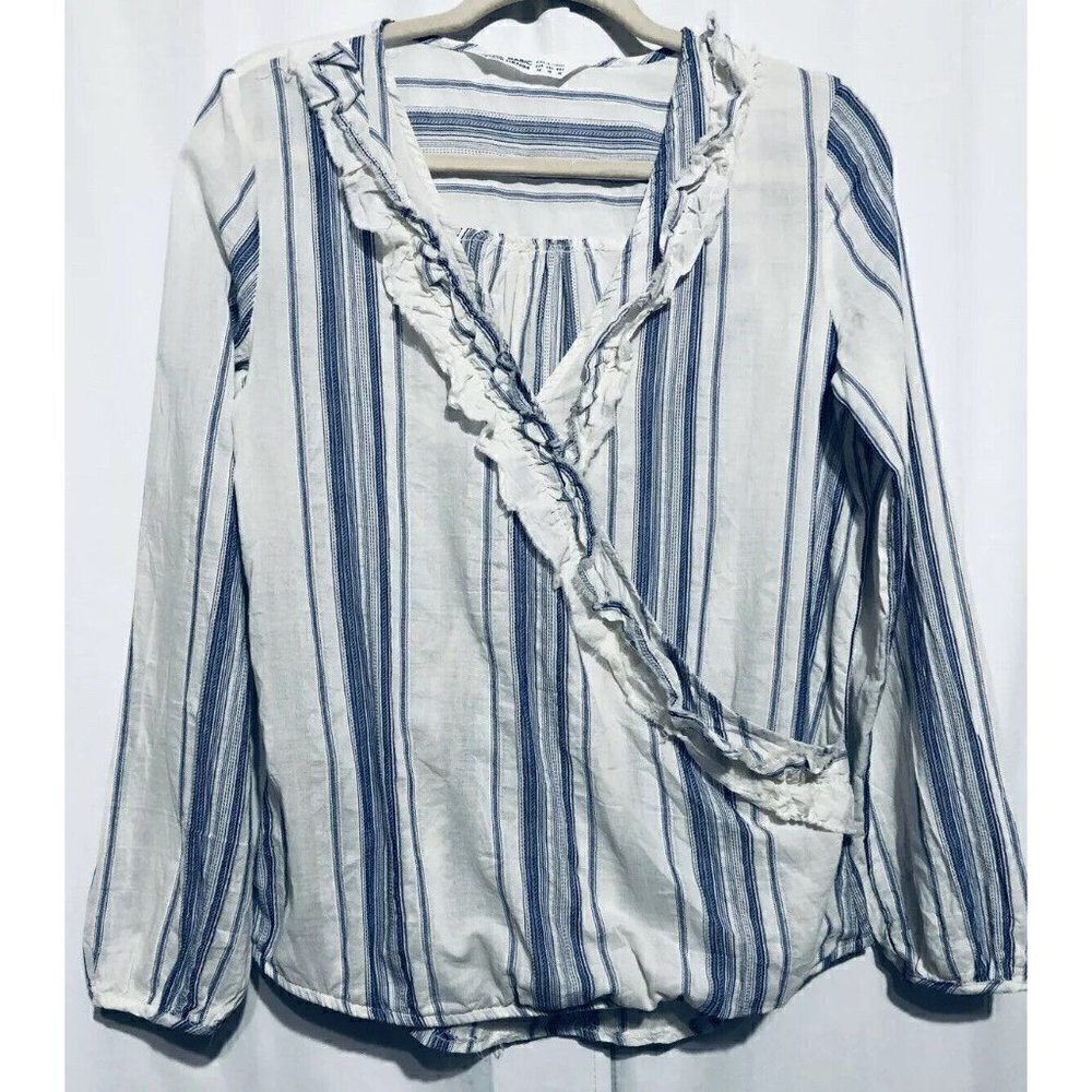 Zara Womens Size XS Blue White Striped Faux Wrap 100% Cotton Blouse Boho